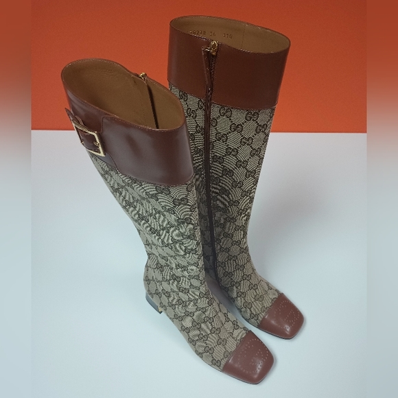 GUCCI Monogram Cordovan Lux GG Knee High Boots 36 Beige Cuir - Picture 1 of 12